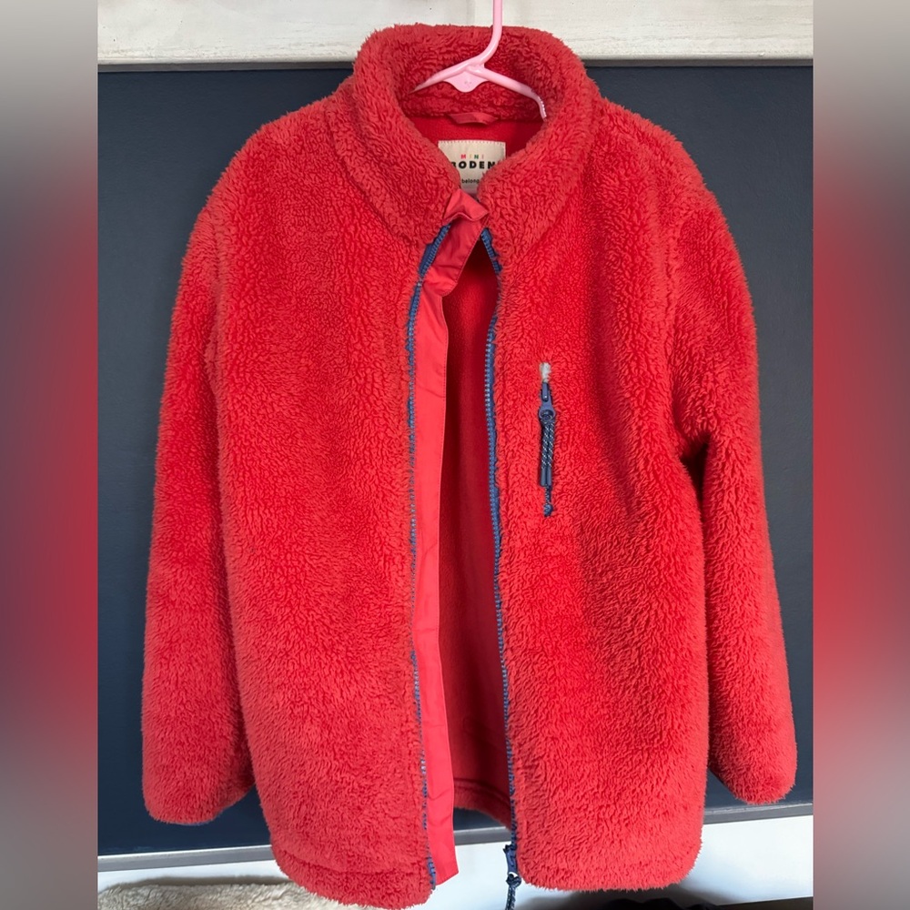 Mini Boden coat, coral & blue